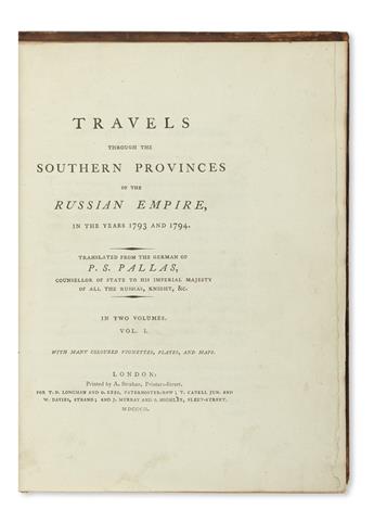 PALLAS, PETER SIMON. Travels through the Southern Provinces of the Russian Empire.  2 vols.  1802-03.  Lacks one plate.